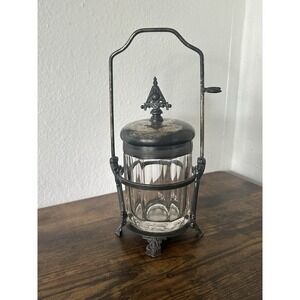 Antique Victorian Pickle Glass Jar & Holder Triple Plated Aurora Silver Co. 19th